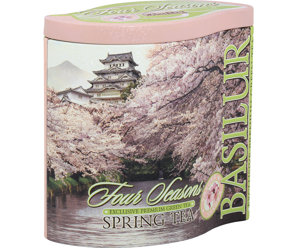 Puszka herbaty Basilur Spring Tea z kolekcji Four Seasons – motyw kwitnących wiśni.