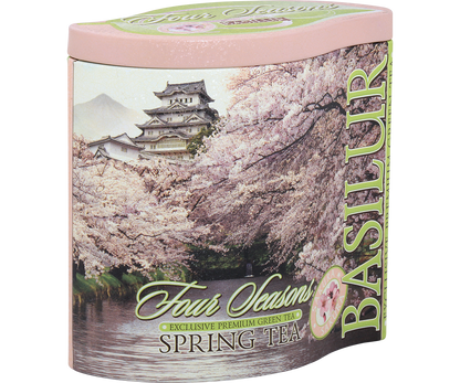 Puszka herbaty Basilur Spring Tea z kolekcji Four Seasons – motyw kwitnących wiśni.