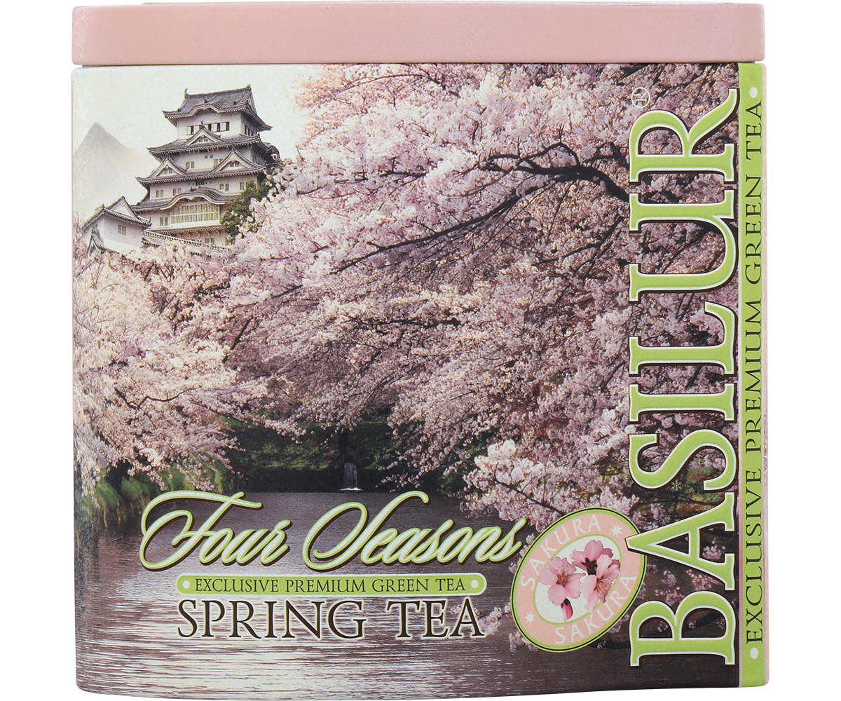 Front puszki Basilur Spring Tea – zielona herbata cejlońska inspirowana wiosną.