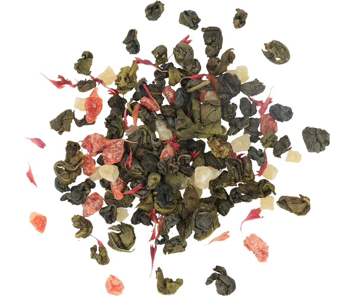 Liście herbaty Basilur Spring Tea z kawałkami owoców i płatkami kwiatów.