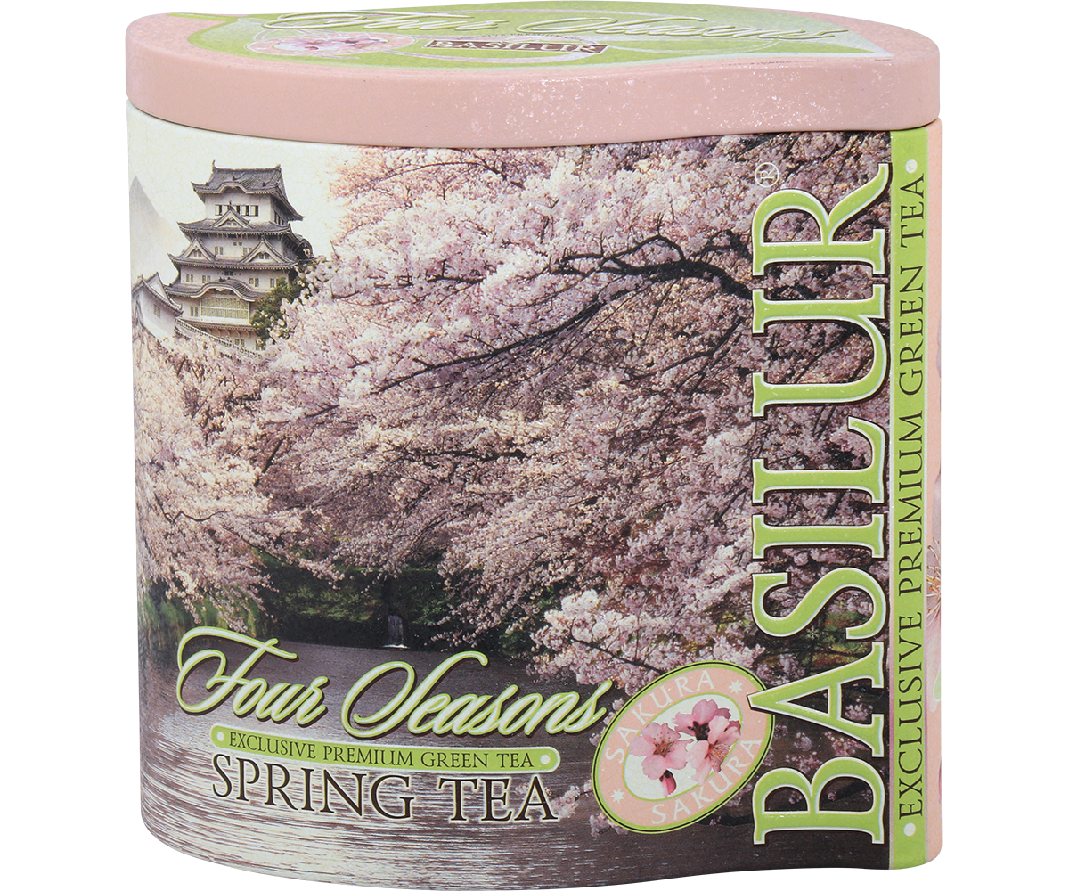 Bok puszki Basilur Spring Tea – eleganckie opakowanie z motywem sakury.