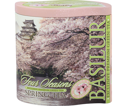 Bok puszki Basilur Spring Tea – eleganckie opakowanie z motywem sakury.