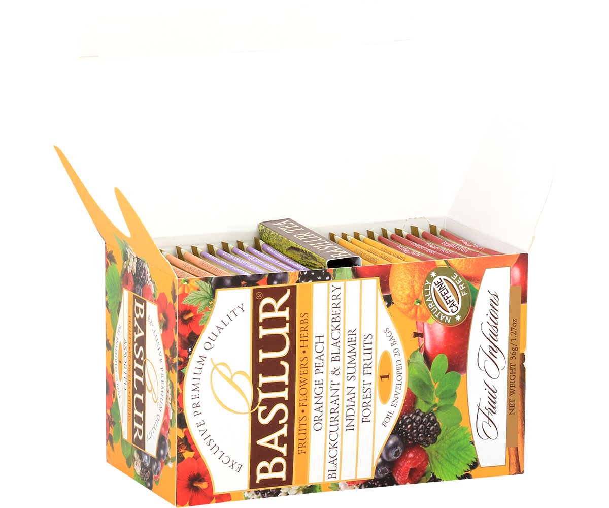 Zestaw herbat owocowych Basilur Fruit Infusions 1 w otwartym pudełku – różne smaki w torebkach.