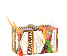 Zestaw herbat owocowych Basilur Fruit Infusions 1 w otwartym pudełku – różne smaki w torebkach.