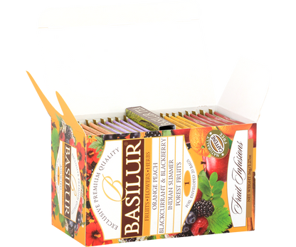Zestaw herbat owocowych Basilur Fruit Infusions 1 w otwartym pudełku – różne smaki w torebkach.