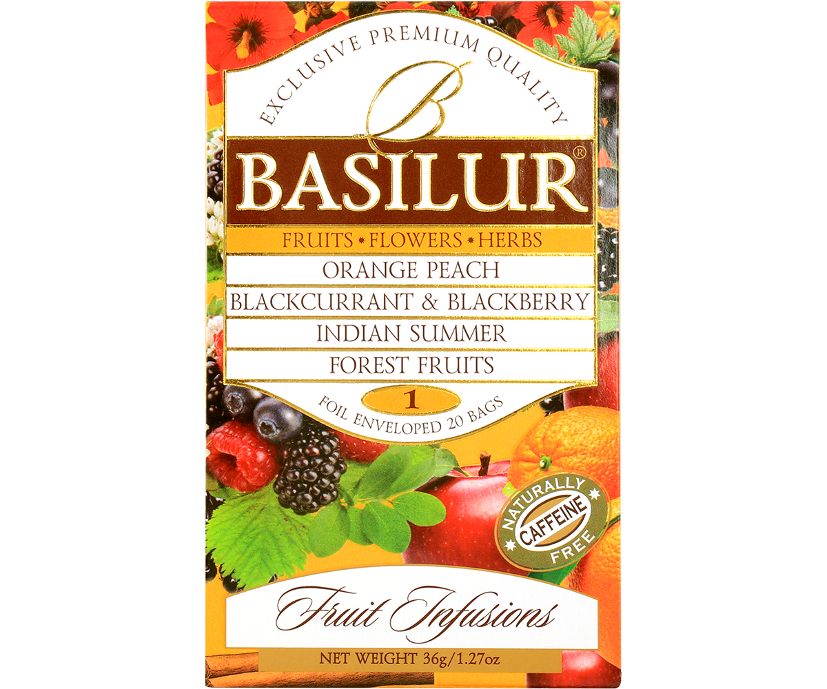 Basilur Fruit Infusions 1 – front opakowania z opisem smaków herbat owocowych.