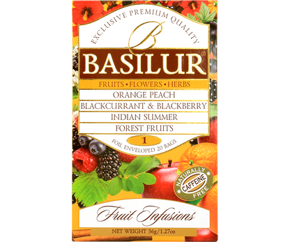 Basilur Fruit Infusions 1 – front opakowania z opisem smaków herbat owocowych.