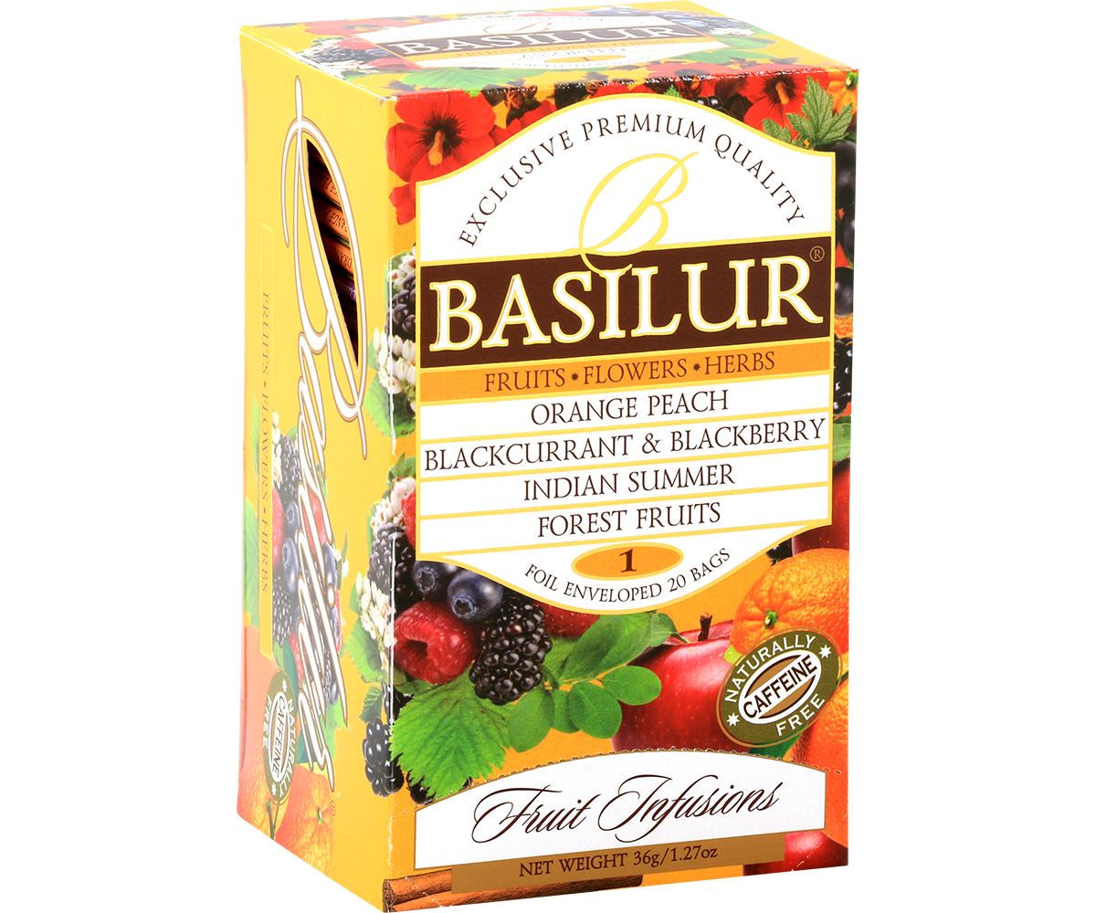 Basilur Fruit Infusions 1 – kolorowe pudełko herbat owocowych z logo Basilur.