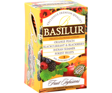 Basilur Fruit Infusions 1 – kolorowe pudełko herbat owocowych z logo Basilur.
