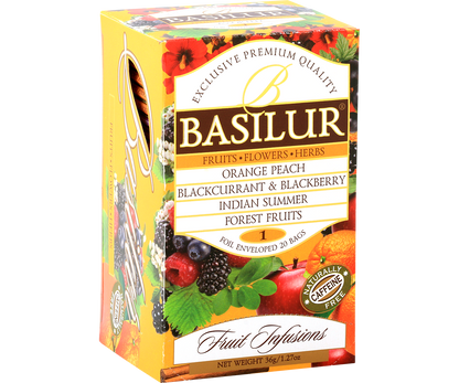 Basilur Fruit Infusions 1 – kolorowe pudełko herbat owocowych z logo Basilur.