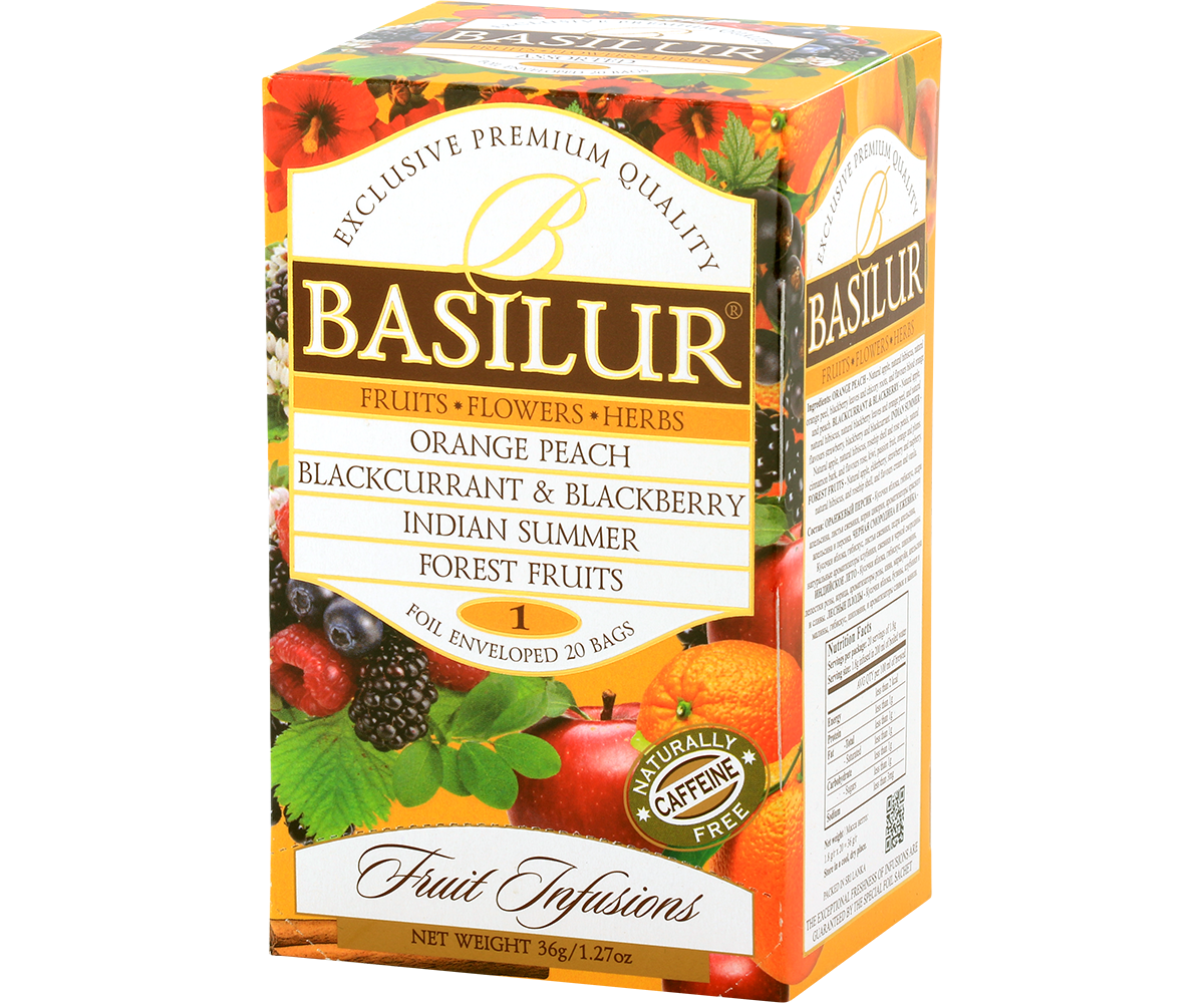 Zestaw Basilur Fruit Infusions 1 – opakowanie z widoczną listą smaków: Orange Peach, Blackcurrant & Blackberry, Indian Summer, Forest Fruits.