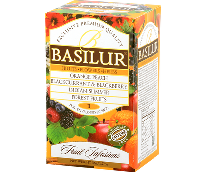 Zestaw Basilur Fruit Infusions 1 – opakowanie z widoczną listą smaków: Orange Peach, Blackcurrant & Blackberry, Indian Summer, Forest Fruits.