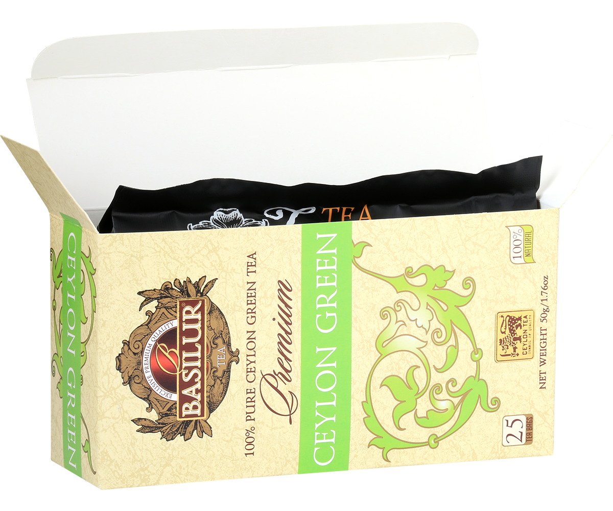 Opakowanie herbaty Basilur Premium Green – zielona herbata cejlońska w torebkach.