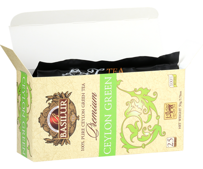 Opakowanie herbaty Basilur Premium Green – zielona herbata cejlońska w torebkach.