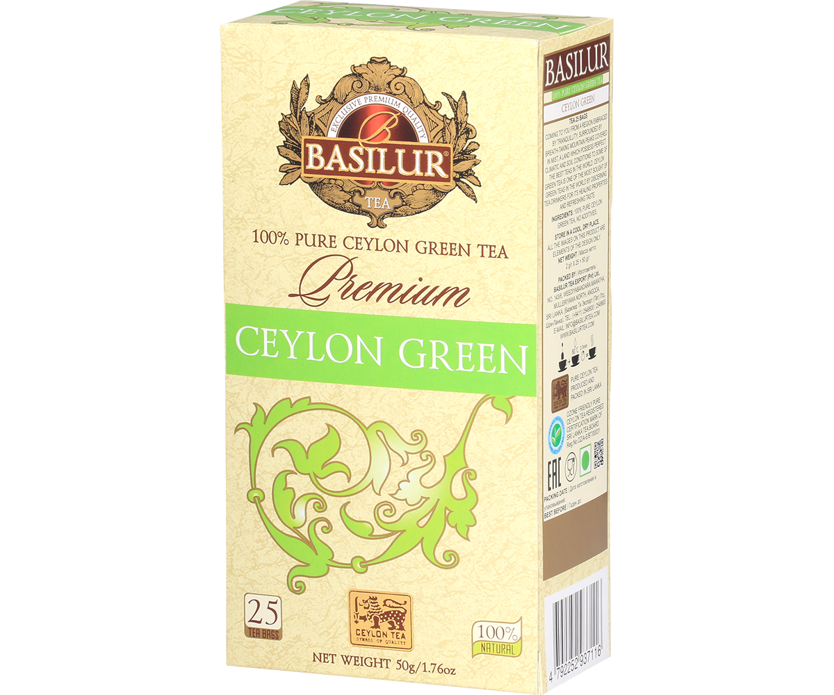 Zielona herbata Basilur Premium Green – eleganckie pudełko z logo Basilur.