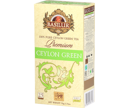 Zielona herbata Basilur Premium Green – eleganckie pudełko z logo Basilur.