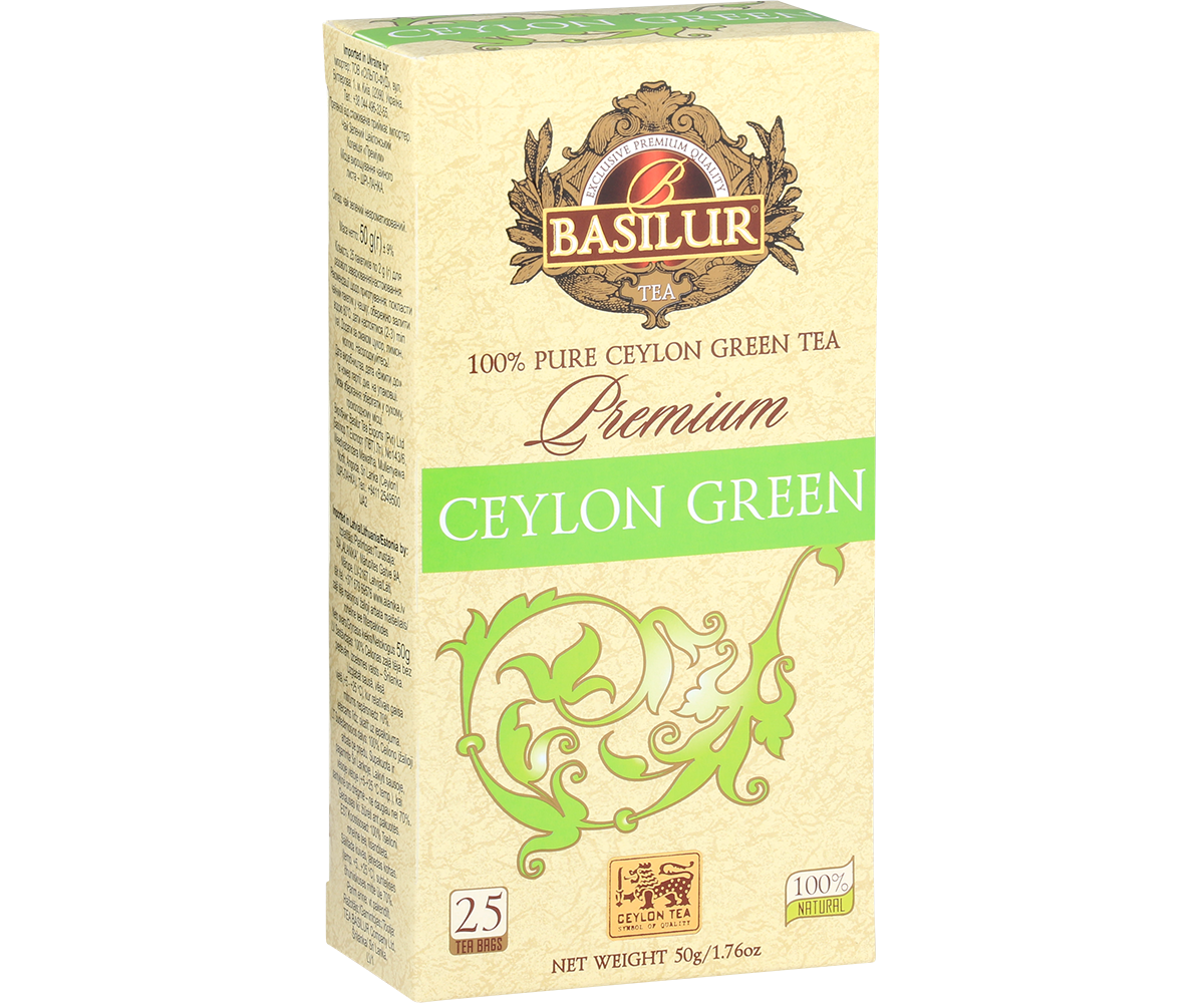 Herbata Basilur Premium Green – front opakowania z napisem Ceylon Green.