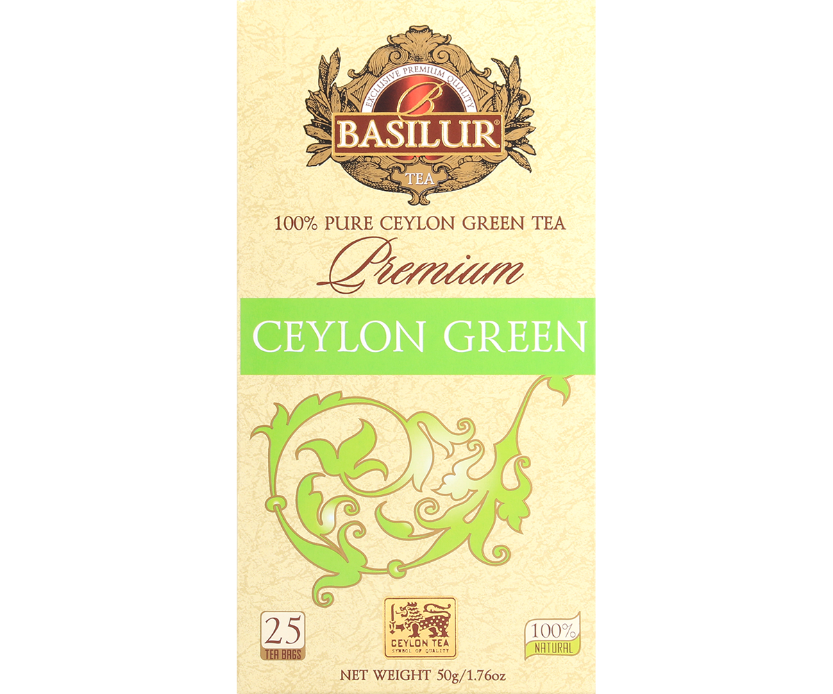 Basilur Premium Green – otwarte pudełko z herbatą w torebkach, zielona herbata Ceylon.