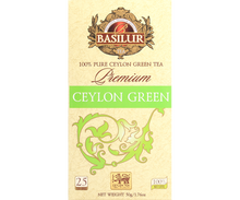Basilur Premium Green – otwarte pudełko z herbatą w torebkach, zielona herbata Ceylon.