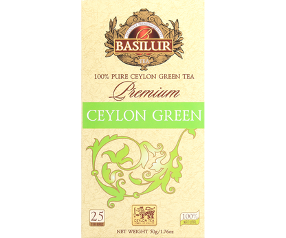 Basilur Premium Green – otwarte pudełko z herbatą w torebkach, zielona herbata Ceylon.