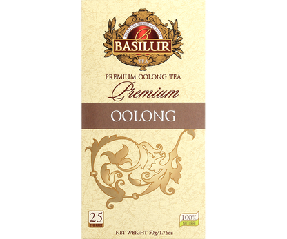 Basilur Premium Oolong – front opakowania z logo Basilur i brązowym zdobieniem.