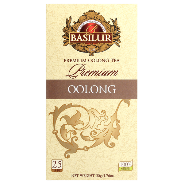 Basilur Premium Oolong – front opakowania z logo Basilur i brązowym zdobieniem.