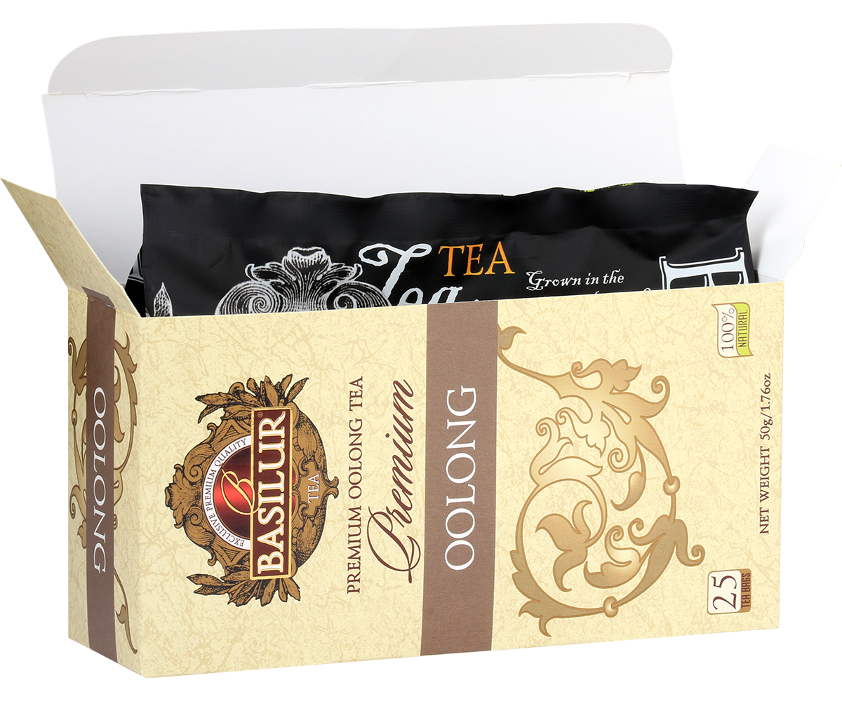 Herbata Basilur Oolong – eleganckie pudełko z otwartą górą, widoczne torebki z herbatą.
