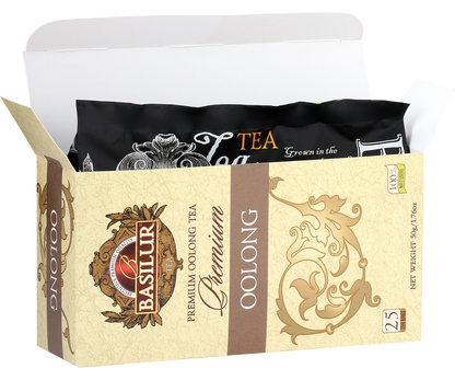 Herbata Basilur Oolong – eleganckie pudełko z otwartą górą, widoczne torebki z herbatą.