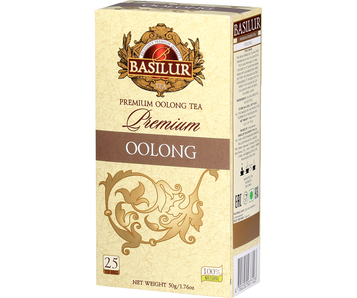 Basilur Premium Oolong – bok i front opakowania, naturalna herbata Ceylon.