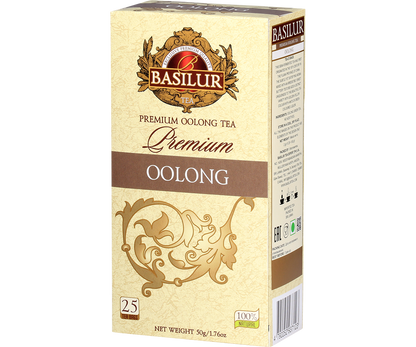 Basilur Premium Oolong – bok i front opakowania, naturalna herbata Ceylon.