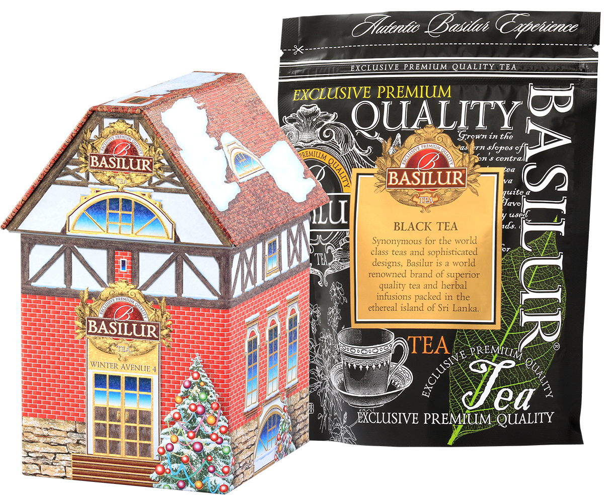 Puszka w kształcie domku z herbatą Basilur Winter Avenue IV – świąteczna edycja limitowana.