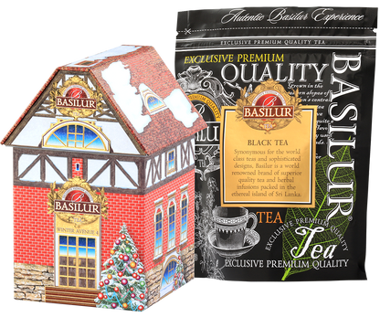 Puszka w kształcie domku z herbatą Basilur Winter Avenue IV – świąteczna edycja limitowana.