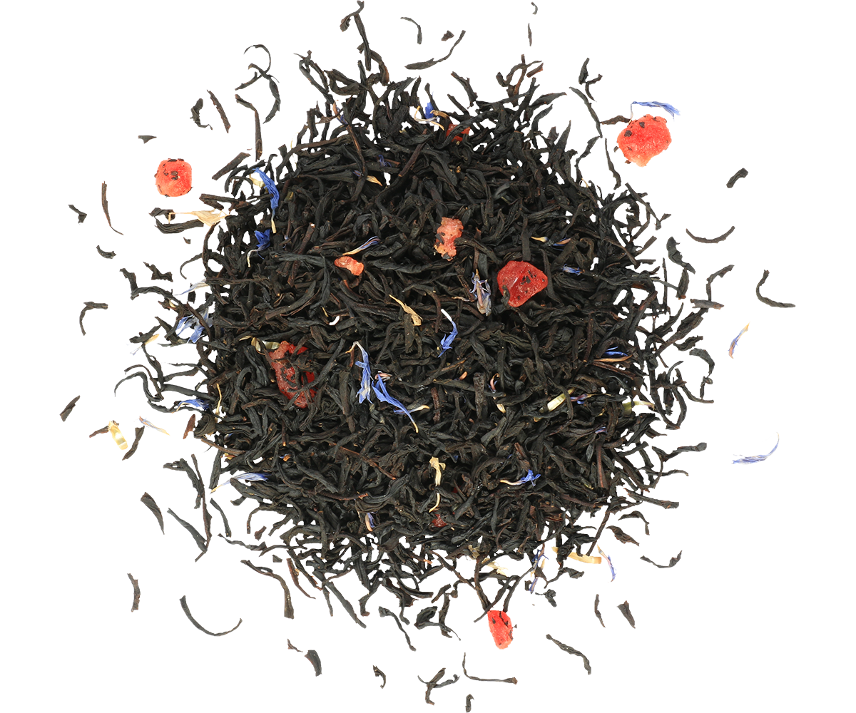 Liście czarnej herbaty Basilur Winter Avenue IV z owocami i płatkami kwiatów.