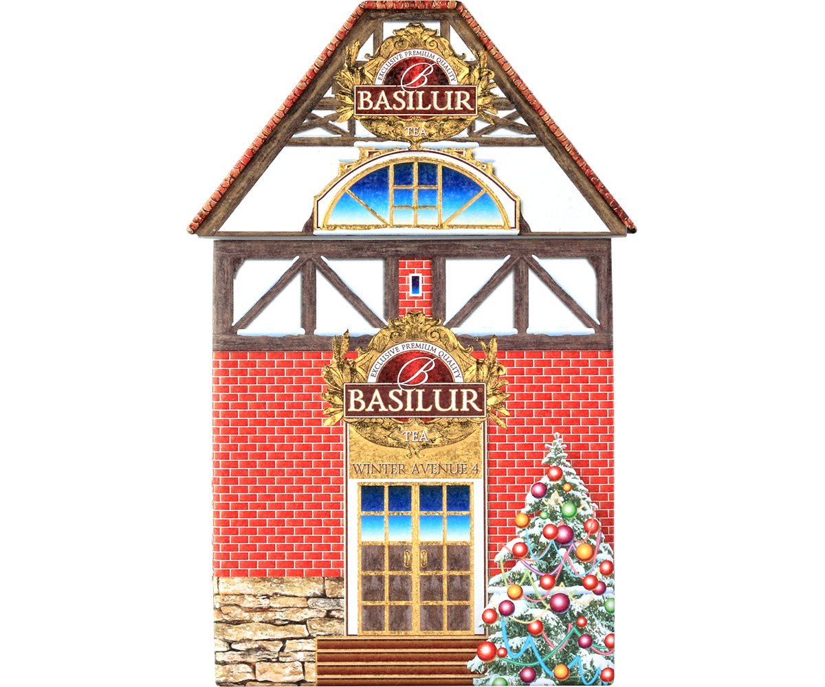 Front puszki Basilur Winter Avenue IV – czerwony domek z choinką i logo Basilur.