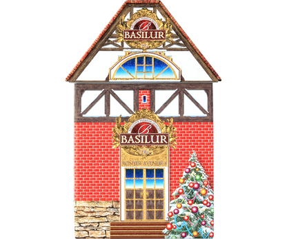 Front puszki Basilur Winter Avenue IV – czerwony domek z choinką i logo Basilur.