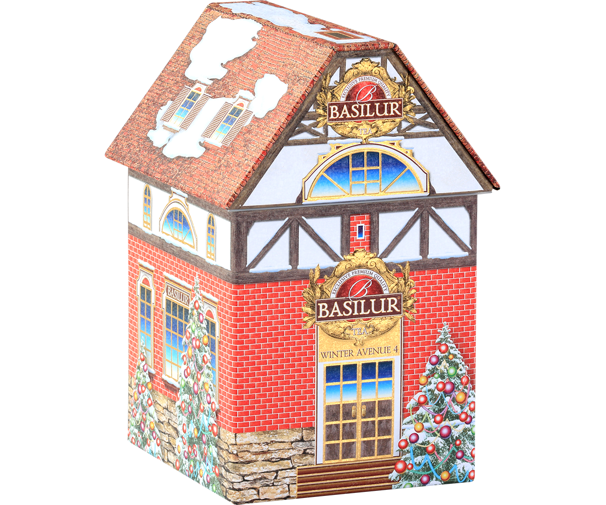 Bok ozdobnej puszki Basilur Winter Avenue IV – szczegóły budynku z zimowym motywem.