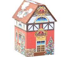 Bok ozdobnej puszki Basilur Winter Avenue IV – szczegóły budynku z zimowym motywem.