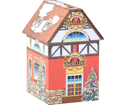 Bok ozdobnej puszki Basilur Winter Avenue IV – szczegóły budynku z zimowym motywem.