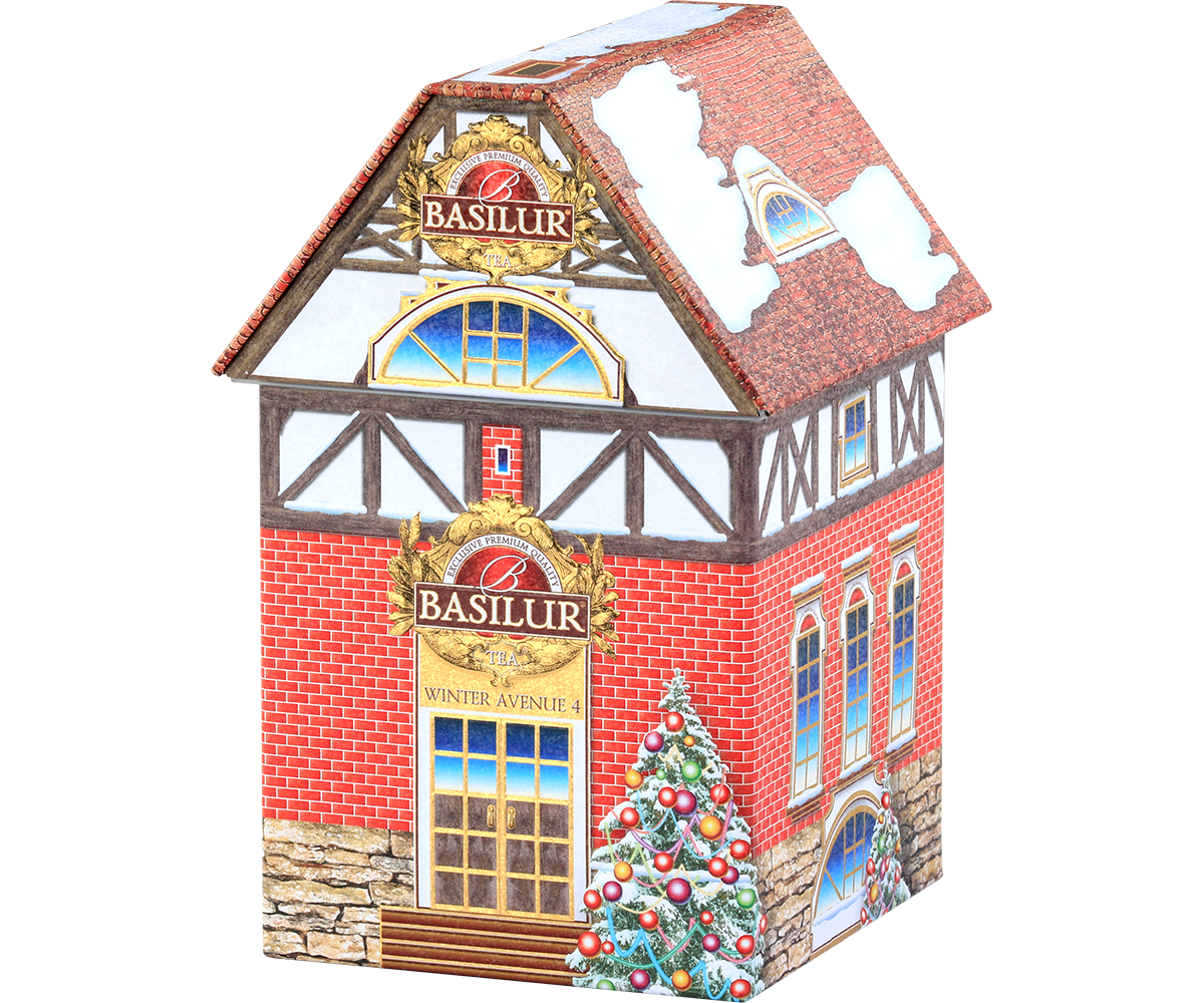 Herbata Basilur Winter Avenue IV – puszka w kształcie świątecznego domku, idealna na prezent.