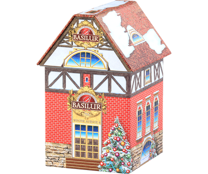 Herbata Basilur Winter Avenue IV – puszka w kształcie świątecznego domku, idealna na prezent.