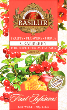 Opakowanie Basilur Cranberry z informacjami o składzie – aromatyczna herbata z owocami i ziołami.