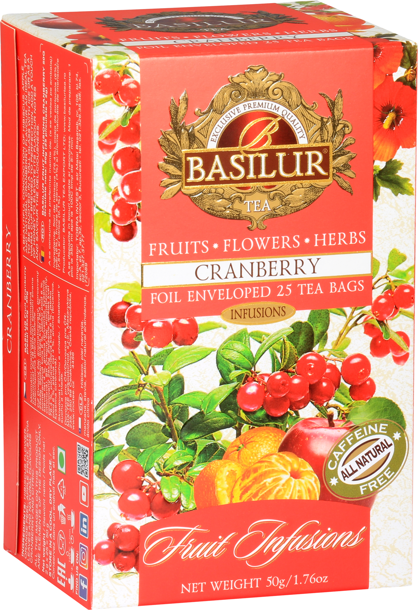 Herbata owocowa Basilur Cranberry w czerwonym opakowaniu – mieszanka z żurawiną, jabłkiem i kwiatami.
