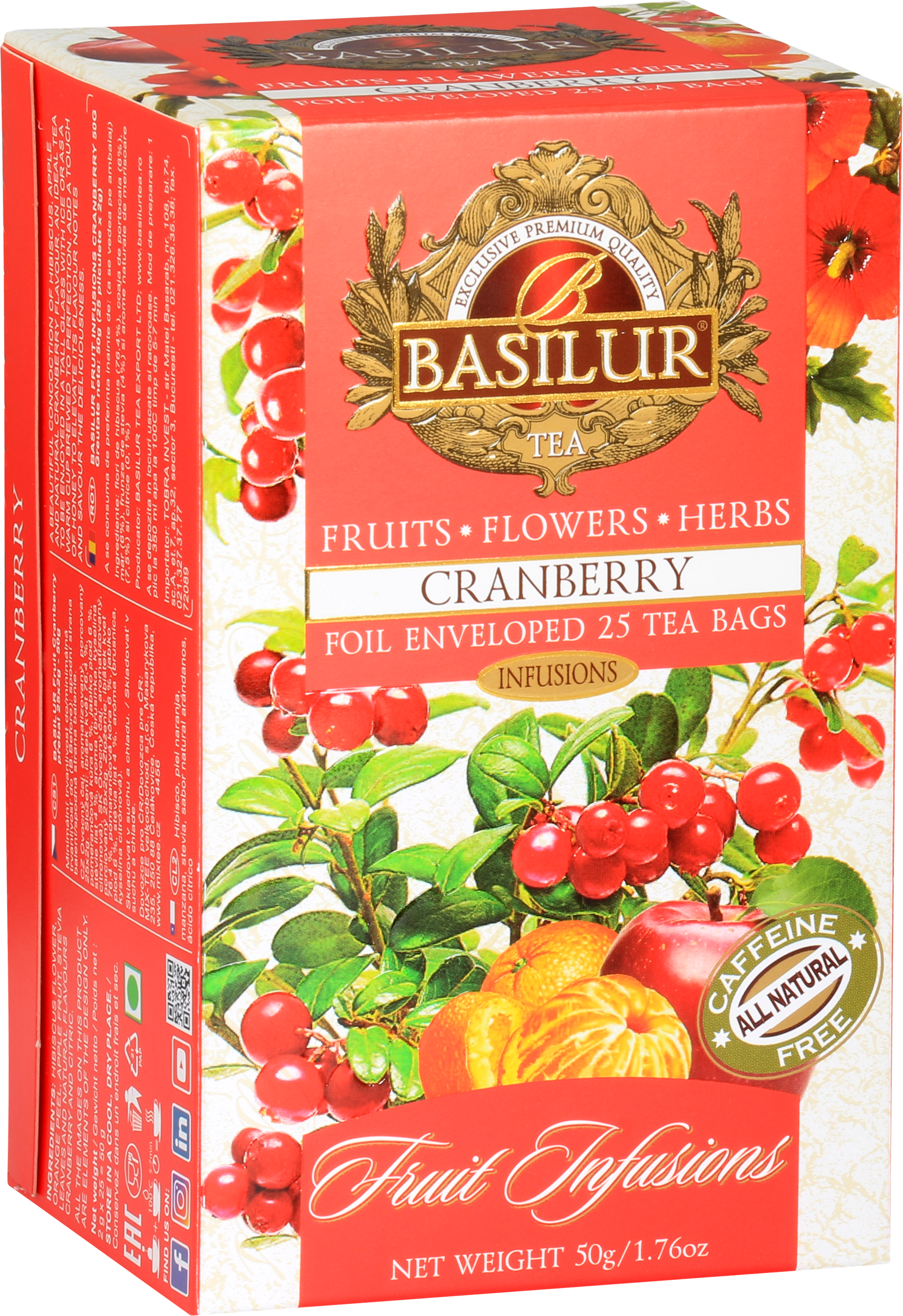 Herbata owocowa Basilur Cranberry w czerwonym opakowaniu – mieszanka z żurawiną, jabłkiem i kwiatami.