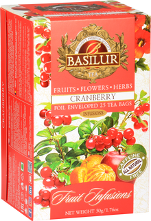 Herbata owocowa Basilur Cranberry w czerwonym opakowaniu – mieszanka z żurawiną, jabłkiem i kwiatami.