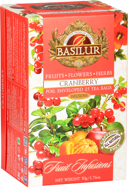 Herbata owocowa Basilur Cranberry w czerwonym opakowaniu – mieszanka z żurawiną, jabłkiem i kwiatami.