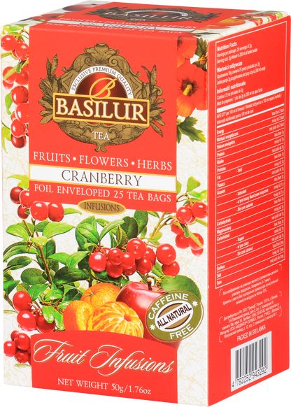Front opakowania herbaty Basilur Cranberry – owocowa mieszanka z żurawiną, jabłkiem i mandarynką.