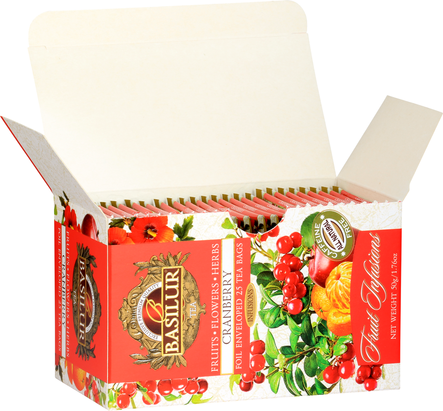Otwarty kartonik Basilur Cranberry z 25 torebkami herbat w kopertach – napar owocowy o smaku żurawiny.