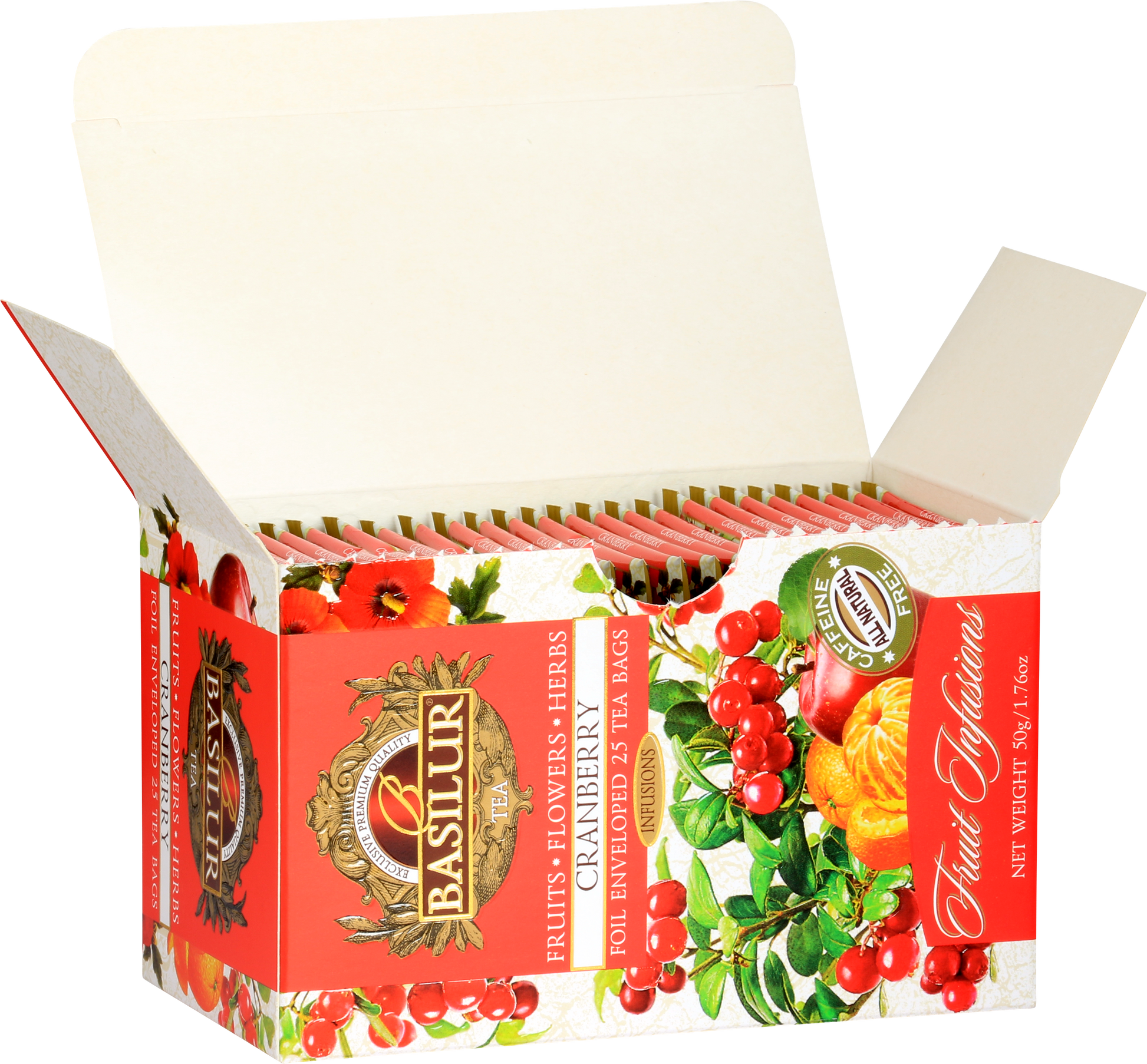 Otwarty kartonik Basilur Cranberry z 25 torebkami herbat w kopertach – napar owocowy o smaku żurawiny.