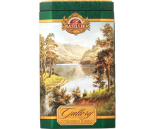 Herbata Basilur Evergreen Forest w ozdobnej zielonej puszce z krajobrazem lasu – zielona herbata cejlońska.