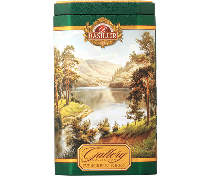 Herbata Basilur Evergreen Forest w ozdobnej zielonej puszce z krajobrazem lasu – zielona herbata cejlońska.